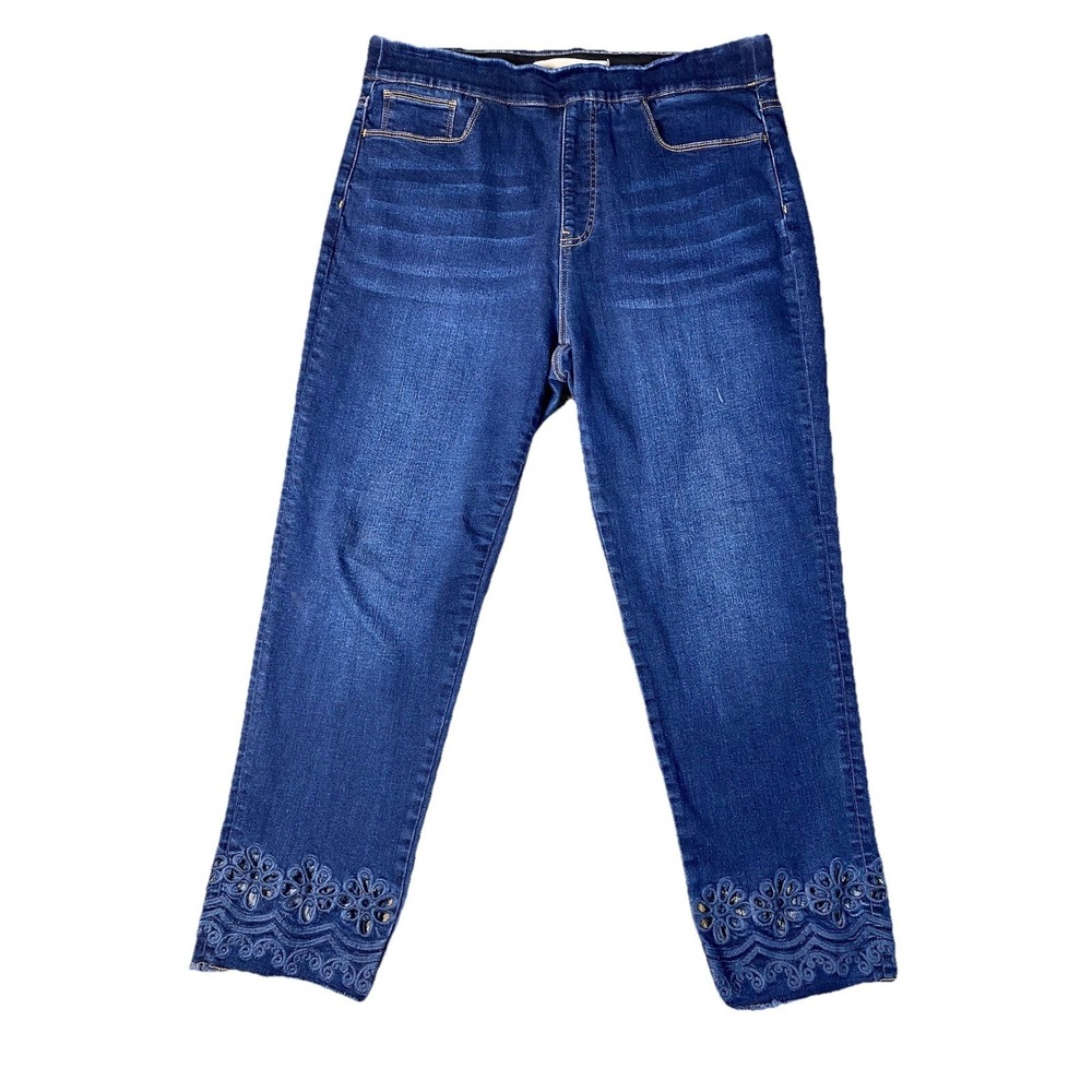 Soft Surroundings Women's Large Blue Pull-On Jeans Stretch Denim Cut Out Boho
